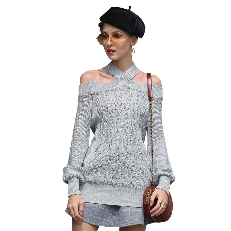 

20221 autumn winter new slash neck sexy knitted dress slim fitting Lantern Sleeve medium long style womens sweater