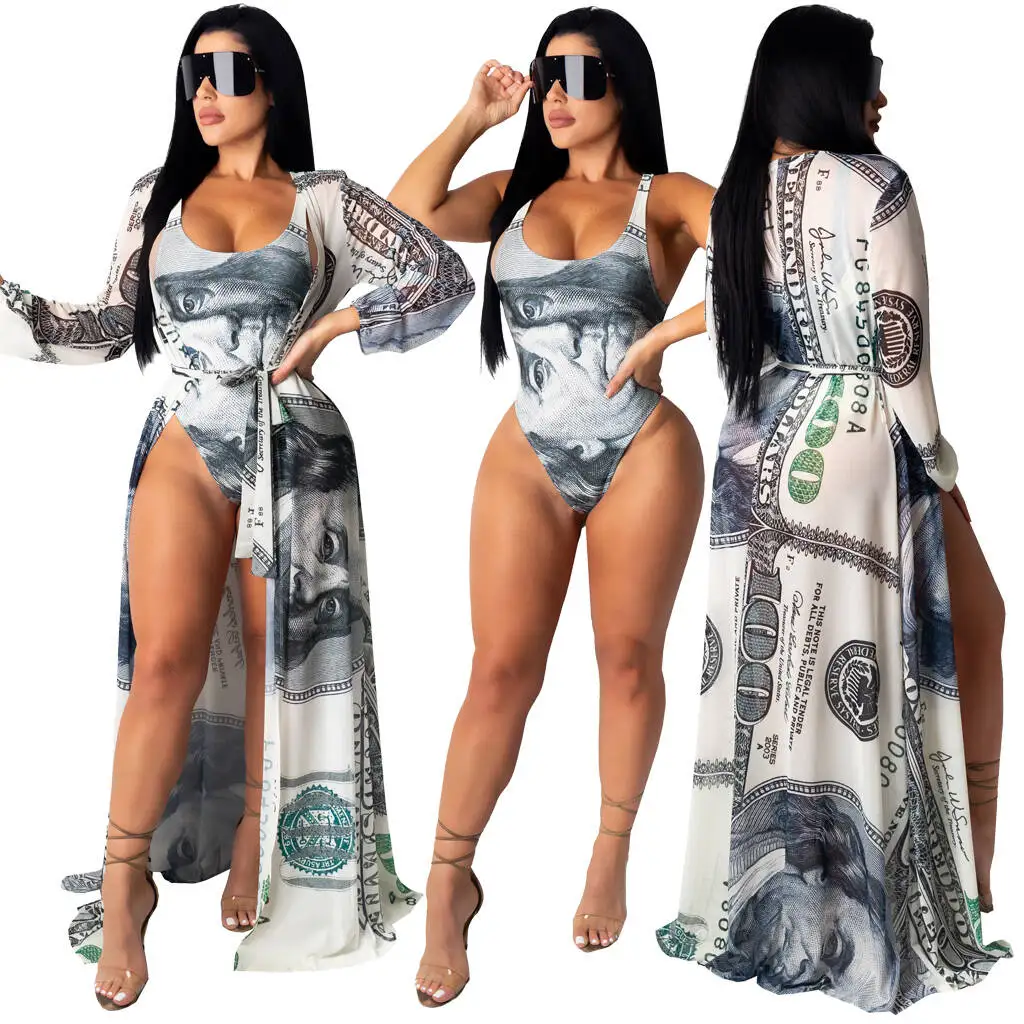 

2020 women swimsuit fashion casual printed Long cloak + bikini split swimwear with belt, 5 colors