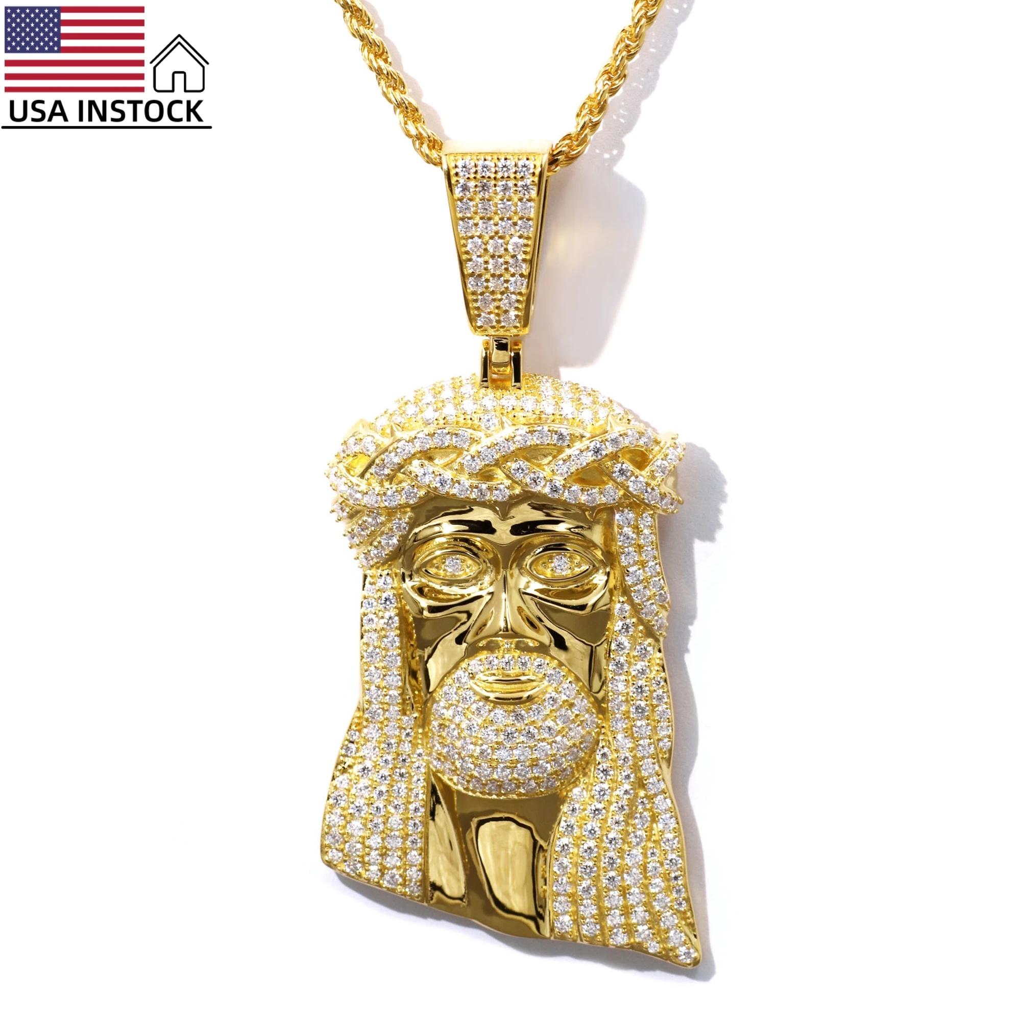 

USA Stock Freeshipping Religion Hip Hop Jewelry 925 Silver 18k Gold Plated VVS Moissanite Jesus Pendant Necklaces