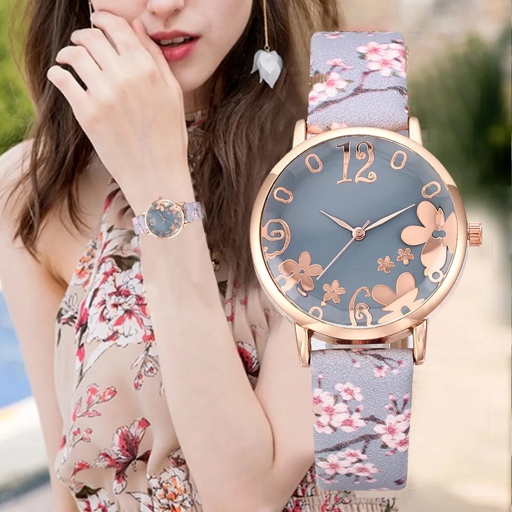 

Leather Herbs Casual Fashion Ladies Women Flower Watch Quartz Watch Relogio Feminino, As picture