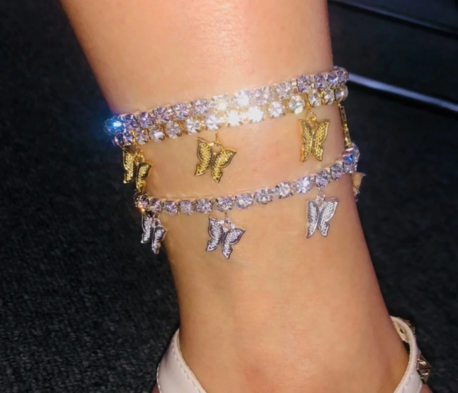 

Charm Anklet Women Rhinestone Silver Pink Anklets CZ Gold Color Diamond Butterfly Tennis Anklet