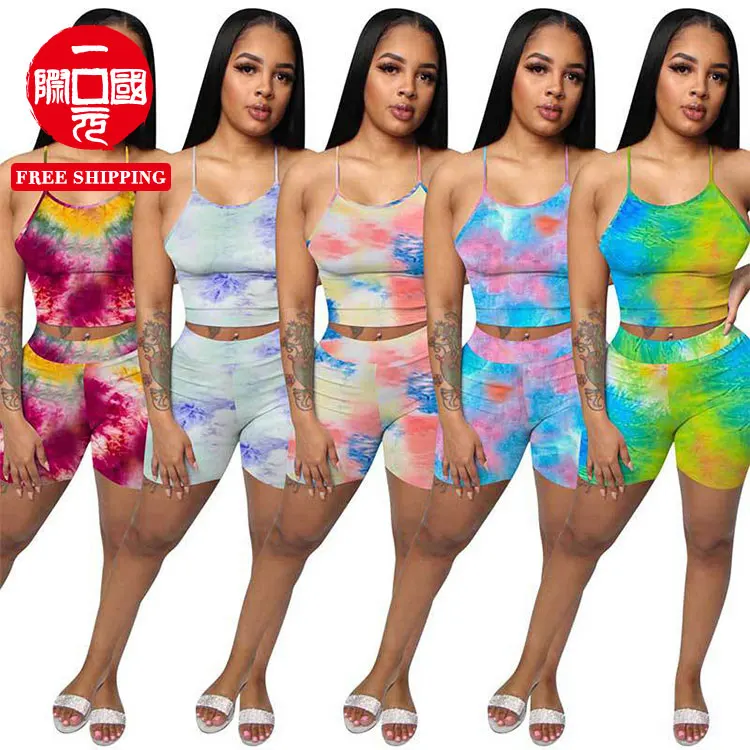 

2021 European and American printed tie-dye sling sports two sets women's suits