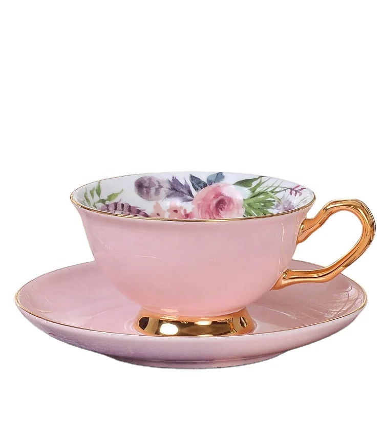 

Vintage Ceramic Teacup Coffee Cup with Spoon Saucer Set Fine Royal Bone China Tea Cups Pink