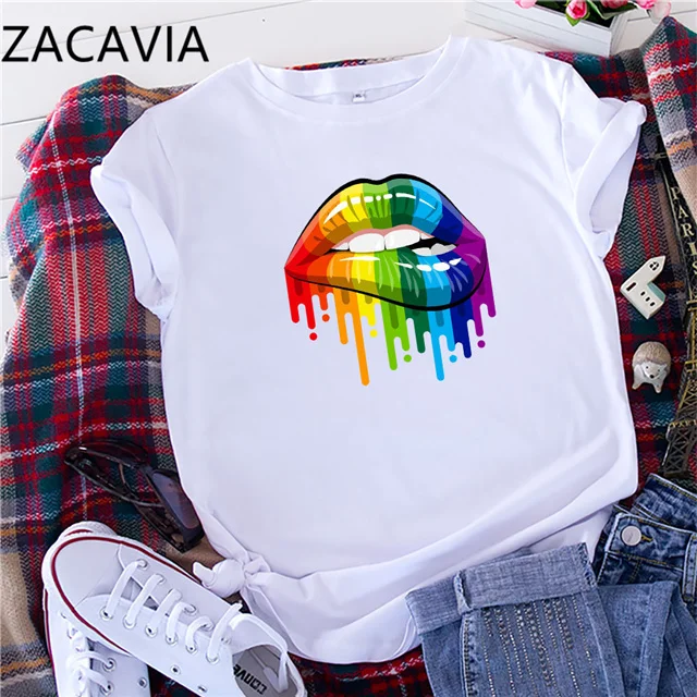 

Zacavia Spot Summer Women's T-shirt Rainbow Lips Print Short-sleeved T-shirt Women Free Shipping, Picture showed