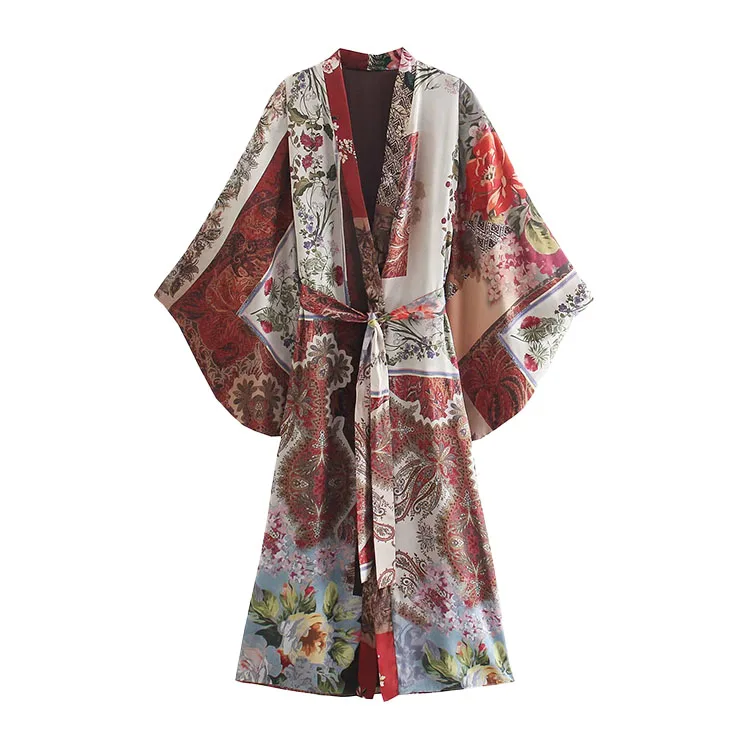 

BMURHMZA2021 summer new women's Bohemian style long patchwork printed V-neck with belt and Kimono Jacket, Picture showns