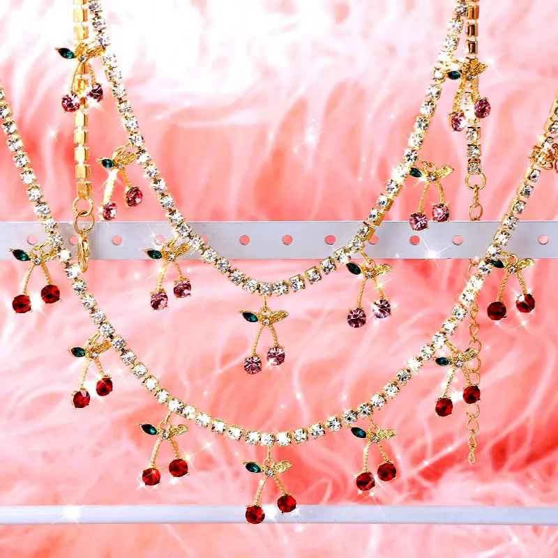 

Wedding Engagement Charm Full Rhinestone Adjustable Gold Silver Plated Red Pink Cherry Necklace