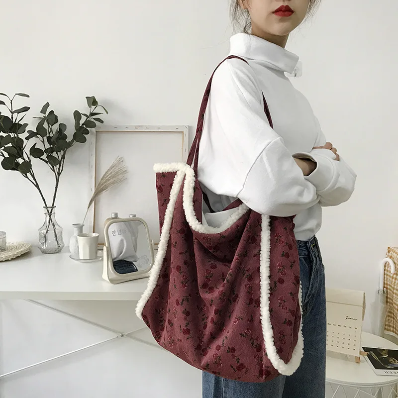 

2021 Retro preppy large capacity shoulder bag literary vintage flower shopping bag