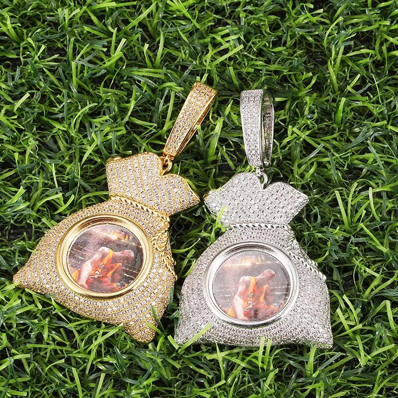 

Hip Hop Jewelry Memory Medallions Pendent Iced Out CZ Cubic Zirconia Photo Necklace Money Bag Custom Picture Pendant Necklace