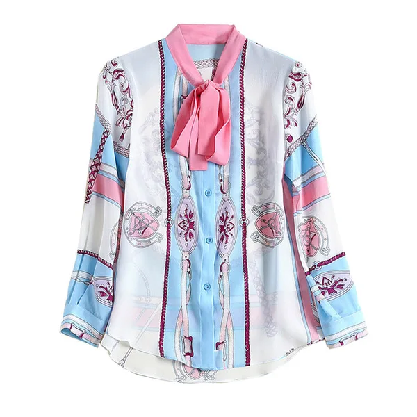 

2021 new satin ribbon high quality printed shirt long sleeve bow tie blouse, Pink