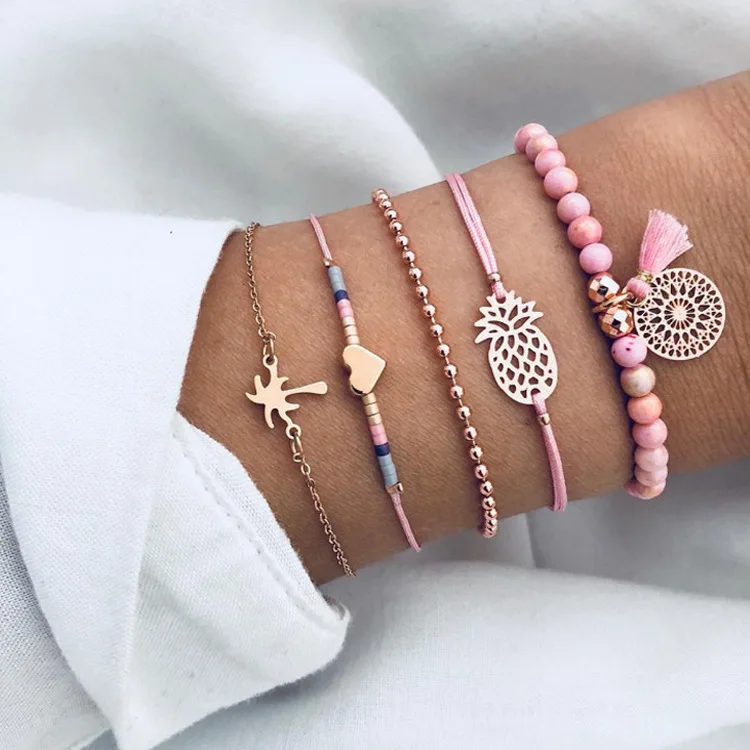 

Bohemian 2020 Popular Fashion Gold Jewelry Bracelets Women Pineapple Heart Coconut Tassel Beaded Five pieces Bracelets Set, As picture