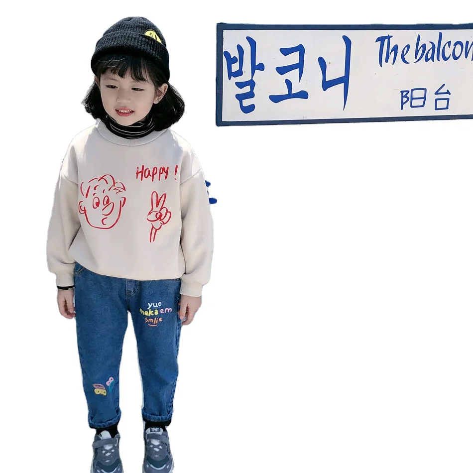 

Girls new children cartoon loose winter slacks female baby letters printing and flocking jeans kids pants for wholesale, As pic shows, we can according to your request also