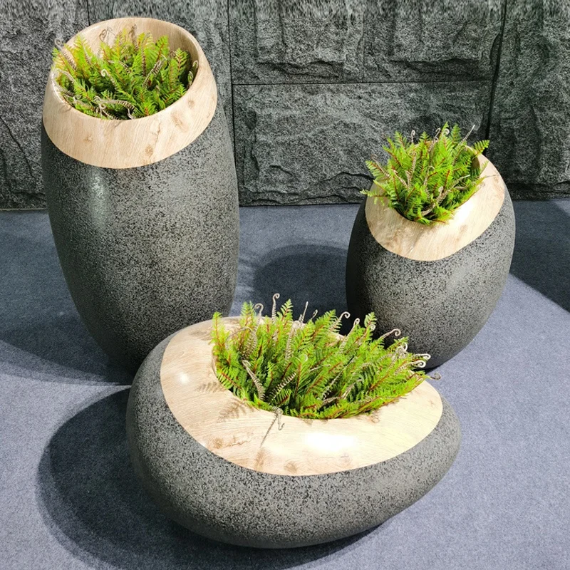 

Wood Grain Fiberglass Flower Pot For Indoor Decoration Home Garden Hotel FRP Planter Plant Pot, Customized color