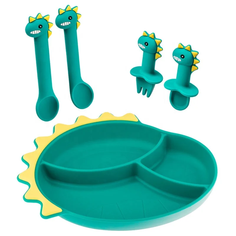 

LOW MOQ dinosaur silicone plate baby plates sets silicone feeding baby silicone suction plate, Green