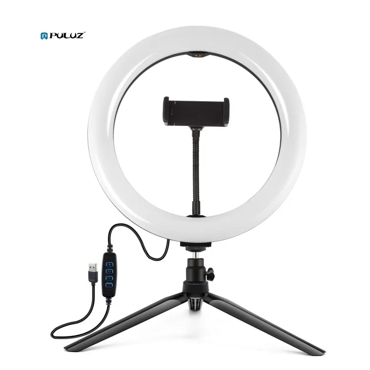 

In Stock PULUZ 10.2 inch Desktop Tripod Mount USB 3 modes LED Ring Video Light Kits with Cold Shoe Tripod Ball Head and clamp