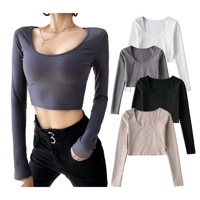 

Sexy Women Long Sleeve Shirts Deep Neck Top Solid Color Basic Crop Tops, Available