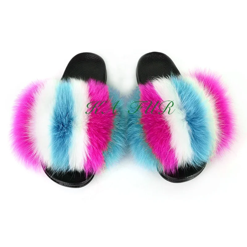 

Custom Mixed Colors Plus Size Sandals Soft Fox Women Fur Slippers Fluffy Fur Slides