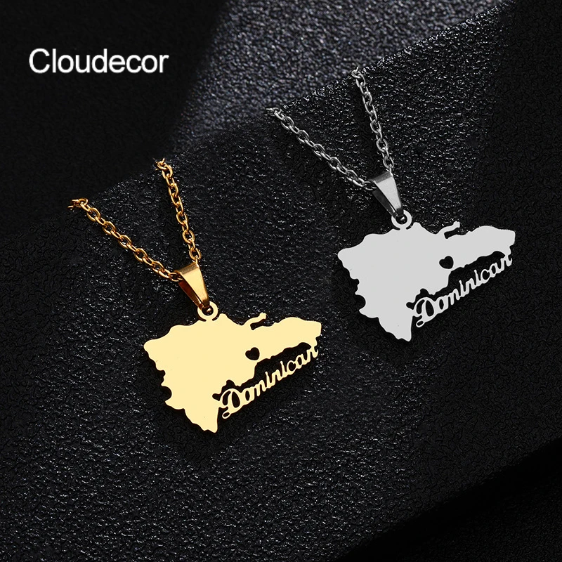 

Fancy Dominican Republic Map Necklace Fashion Pendant Necklace North America Country Stainless Steel Jewelry With Heart Inside, 18k gold