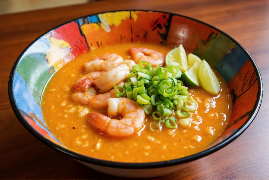 Colorful bowl of lime chili shrimp ramen with vibrant orange broth, fresh shrimp, green onions, and lime wedges on a wooden table