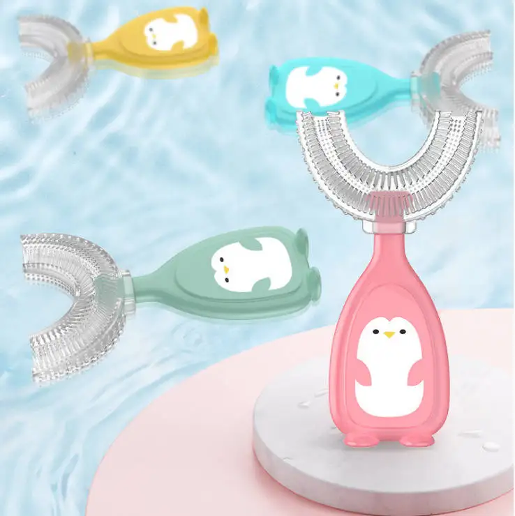 

Top New 360 Degree Food Grade Silicone Toothbrush Kids Automatic Children U Shape Toothbrush, Orange, yellow, blue