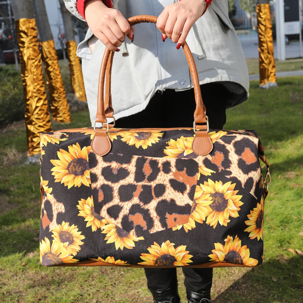 

Free Shipping Leopard Sunflower Patched Women Weekender Travel Bag Lady Canvas Duffel Tote Bag Monogram Overnight Bag For Girls, Serape&leopard,leopard,rainbow,sunflower,etc.