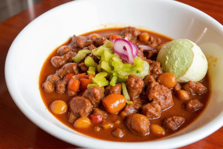 Finished chili beef served in white bowl with toppings