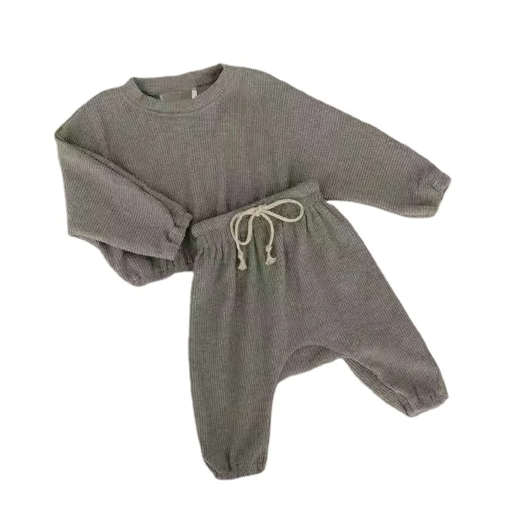 

Wholesale baby solid color long sleeve ribbed casual suit custom baby clothes