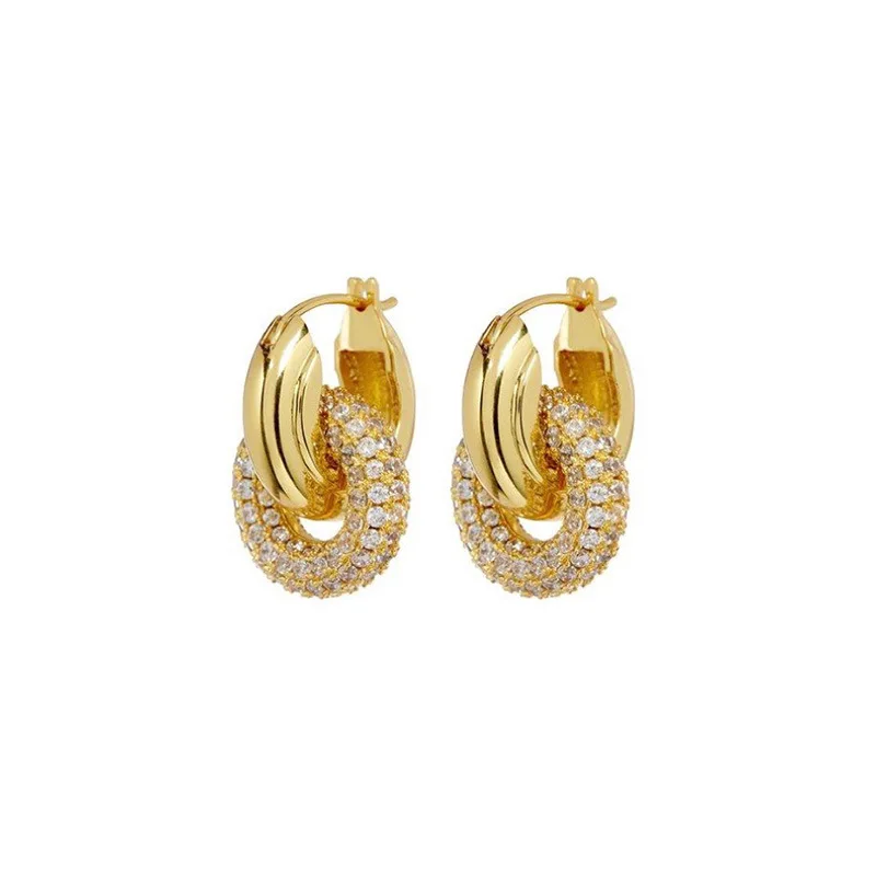 

2020 Trendy Earring 18K Gold Plated Crystal Paved Double-Circle Hoop Earrings for Women Brass Earrings Wholesale