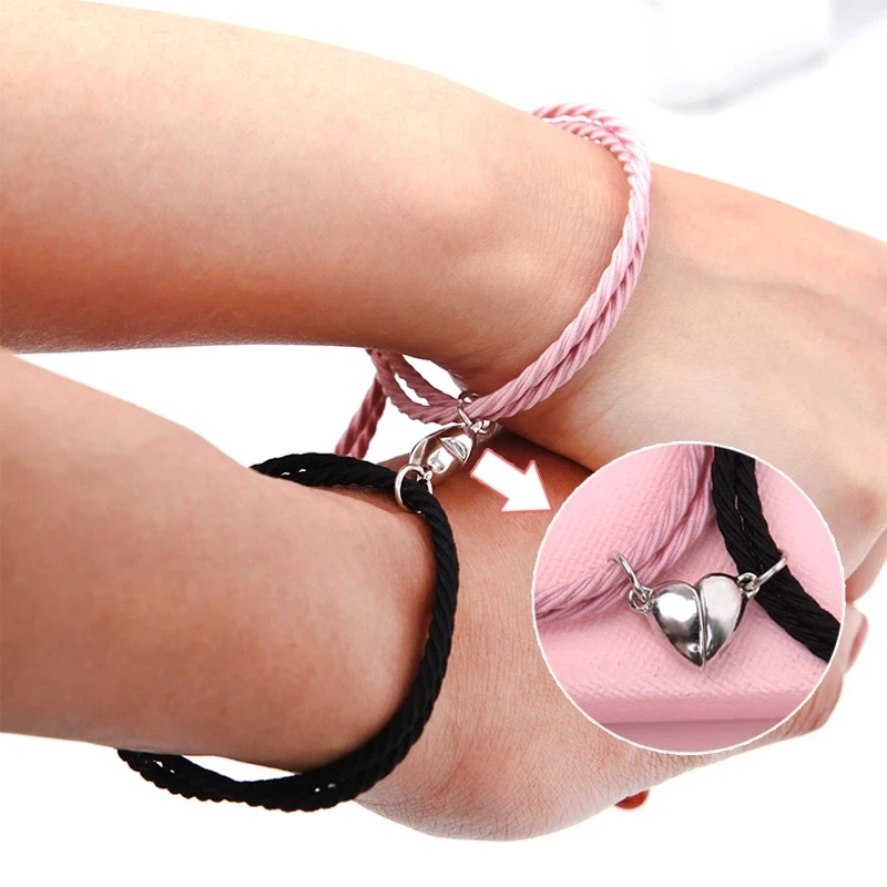 

2pcs/set Minimalist Heart Lovers Matching Friendship Hair Rope Braided Magnetic Distance Bracelet, Steel+colorful