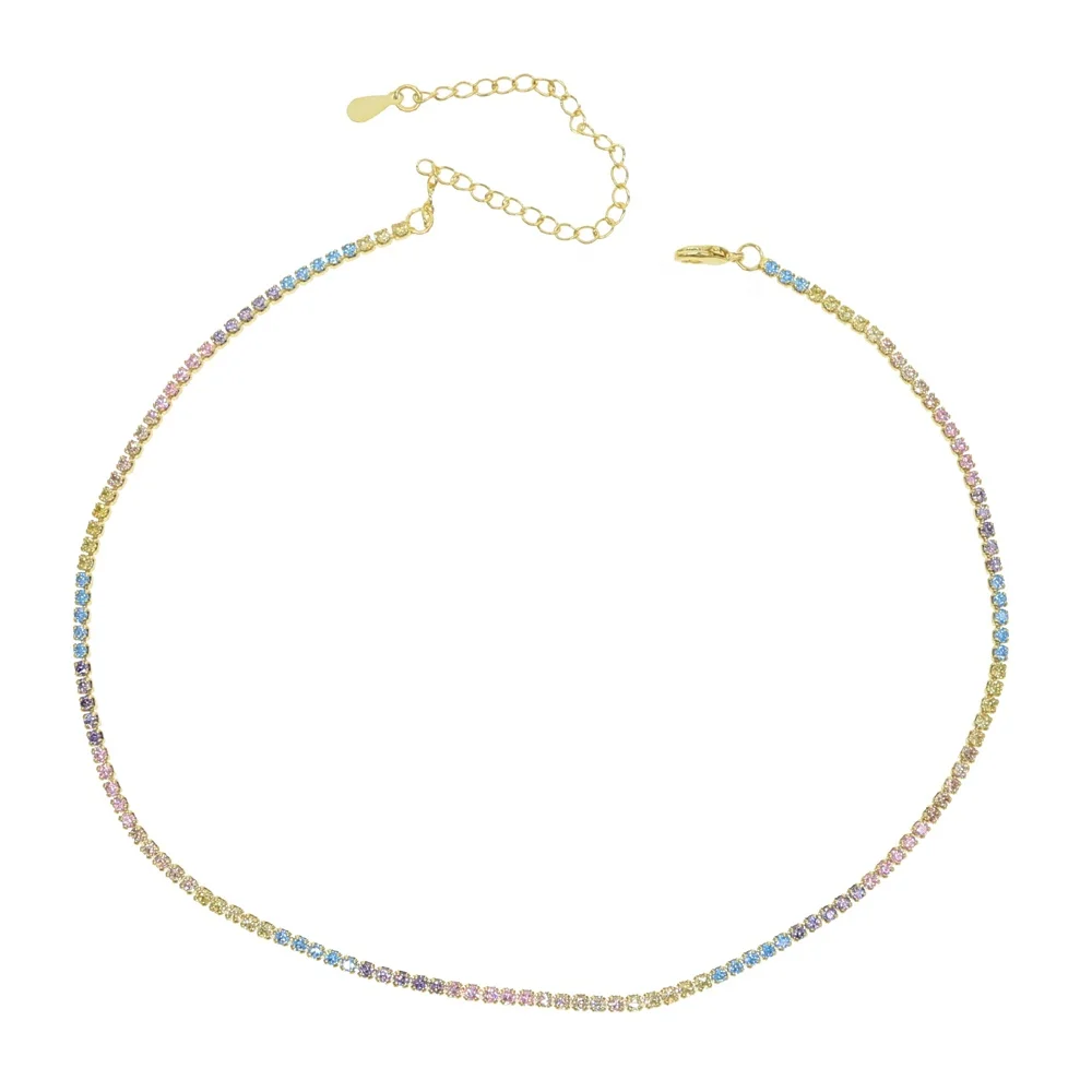 

THIN tennis chain choker Gold filled fashion women pastel rainbow cz choker necklace New colorful collar