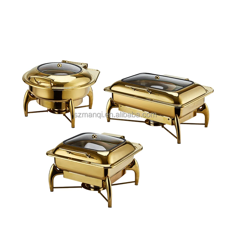 

Luxury Food Warmer Stainless Steel Catering Buffet Set Gold Chaffing Dishes with glass window