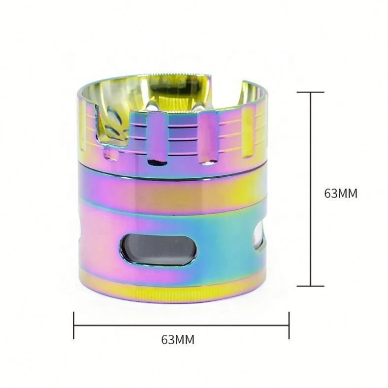 

Sound Shape Concave Design Colorful Tobacco Grinder with Holes Side Window Diameter  4 Part Dry Herb Grinder, Picture