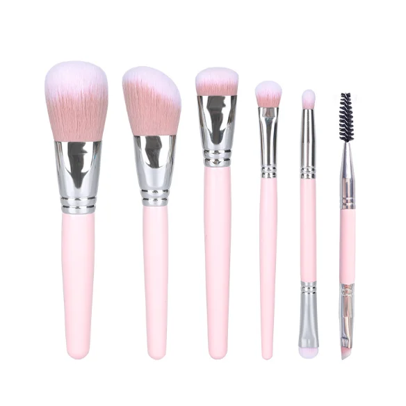 

6pcs Pink Makeup Brush Set Woodend Handle Synthetic Hair Make Up Brush Set