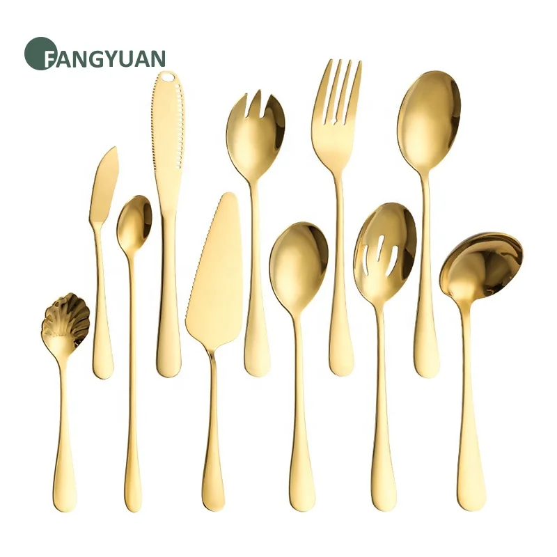 

Classical luxury 1010 gold stainless steel service utensils butter knife soup ladle serving knife spoon fork set cutlery in bulk
