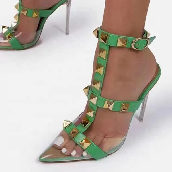

Clear Closed Pointy Toe Rivet Decoration High Heeled Sandals Summer Heels Women Stiletto Shoes Dress Crystal Heel Plus Size 43, Black,green,pink,apricot