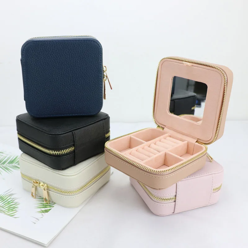 

Small multi-function leather jewelry organizer box travel jewelry case with mirror, Pink/black/white/blue/brown...