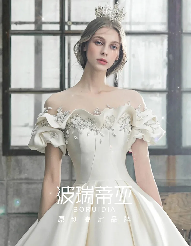 

Bride Satin 2021 new French maternity wedding dress with exhaust main gauze one shoulder wedding dress, 2 colors