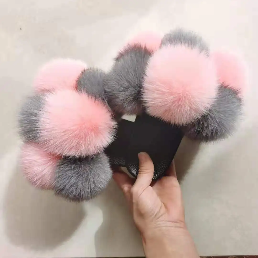 

Outdoor Fashion Slides Hot sale fur fluffy real fox Fur Sliders, Customized color