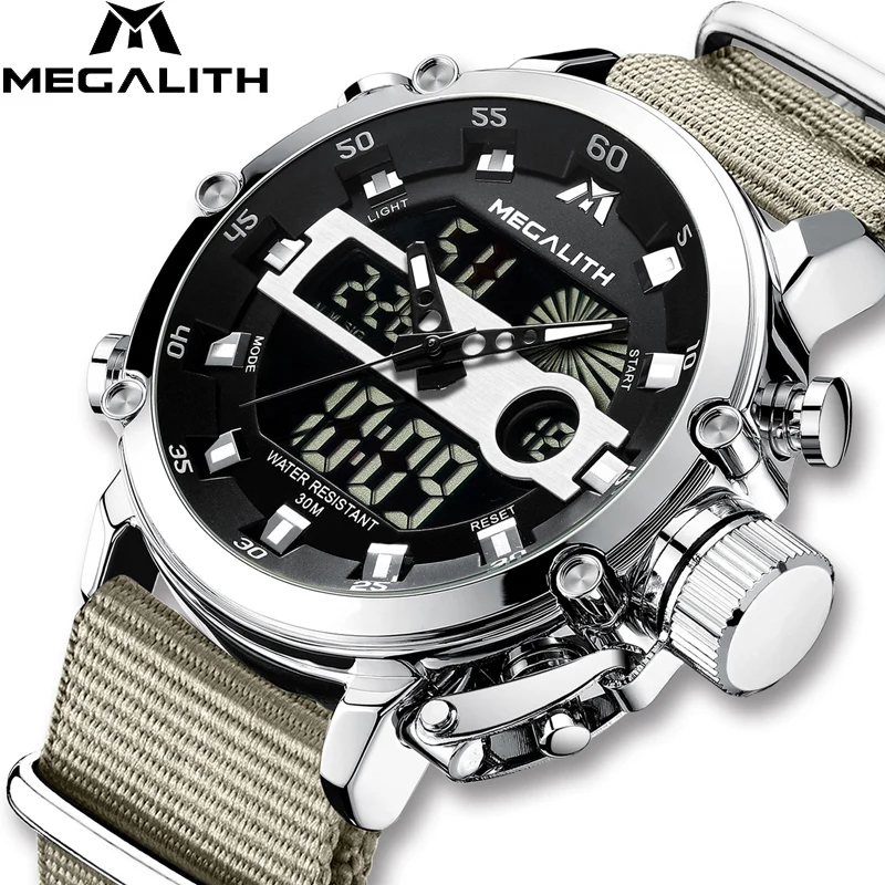 

MEGALITH Fashion Sports Men Quartz Watches Dual Display Analog Digital LED Electronic Wristwatches Military Waterproof Watch Men