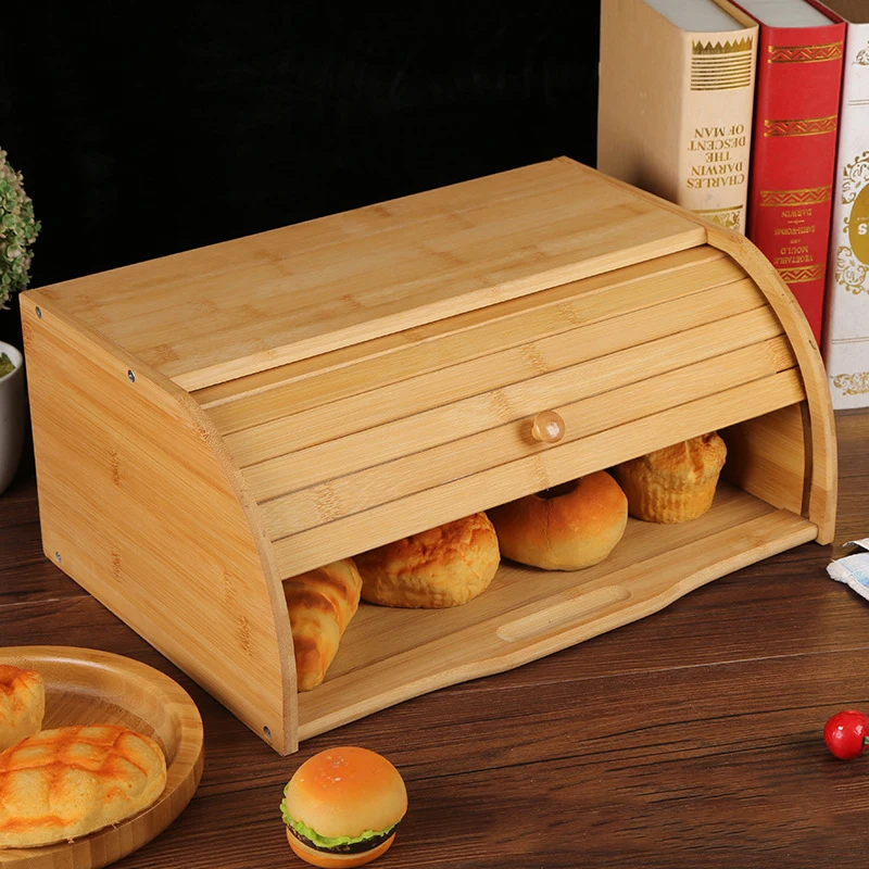 

Private Label Natural Bamboo Roll Top Bread Box Kitchen Food Storage Case Large Capacity Wooden Bread Storage Holder