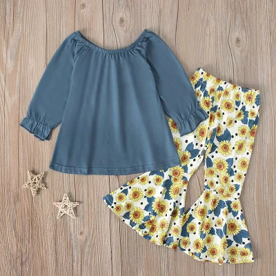 

F10913A New arrived fashion spring style long sleeve top+flared trousers two piece sets for kids, As picture