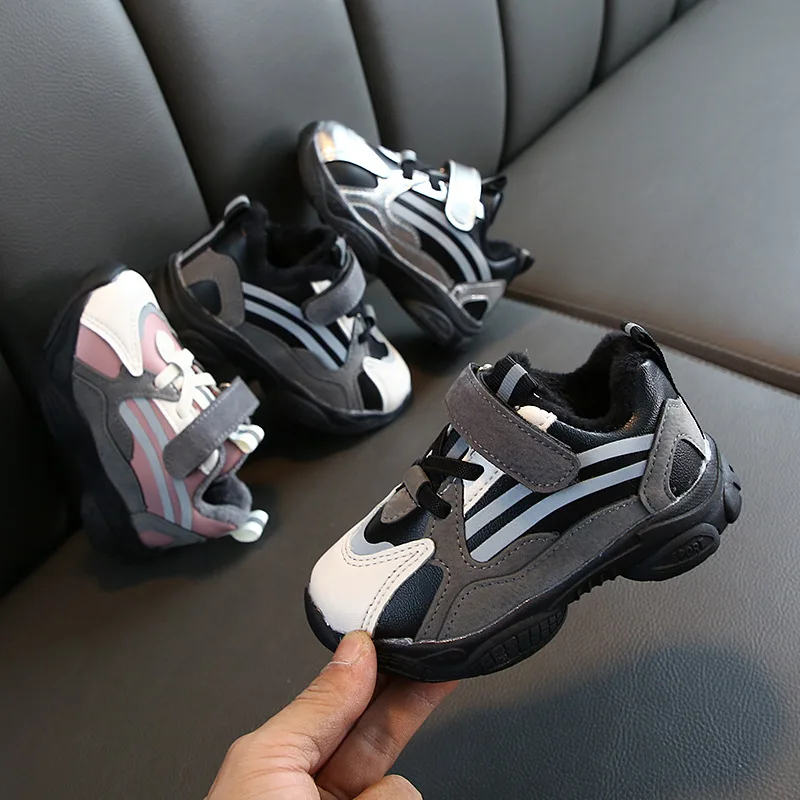

High quality keep warm thicken winter sport shoes kids sneakers, Black/pink/silver