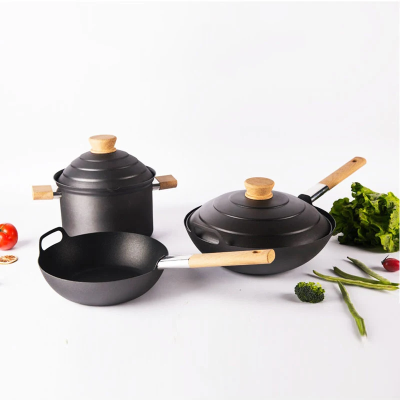 

Fine iron cookware set three-piece non-stick pan wok pan soup pot for cooking cookware set non stick, Black