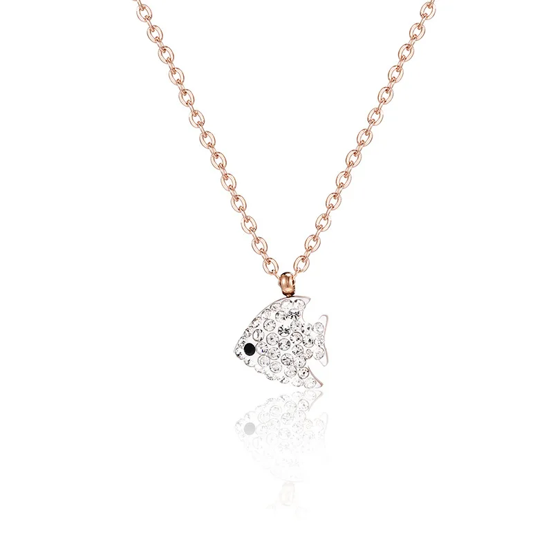 

Fashion Stainless Steel Rose Gold Plated Bling Stone Fish Necklaces