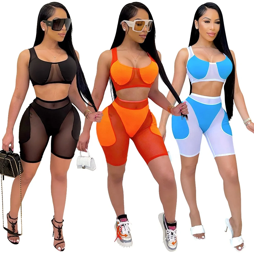 

Slim Polyester Mesh Leggings Bra Crop Top Sexy Workout Clothes See Through Sports Jogging Biker Shorts 2 Two Piece Set For Woman