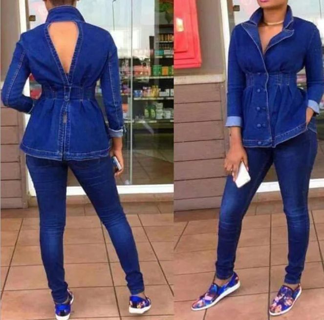 

Blue Winter Bodycon V Neck Buttons Pencil Denim Ladies Two Pieces Set