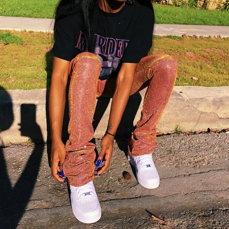 

2021 New Arrivals Women Casual Streetwear Bling Glitter Sequins Low Waist Stacked Skinny Pants, Customized color