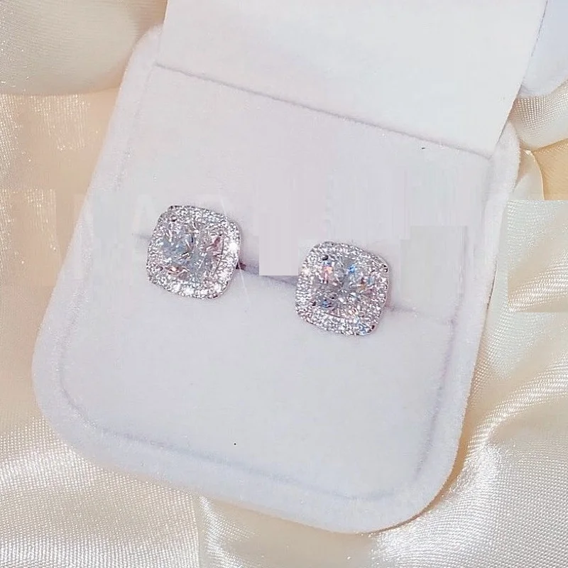 

5A cubic zirconia stone cz bling silver plated fashion women gift jewelry micro pave cz white pink square stud earrings