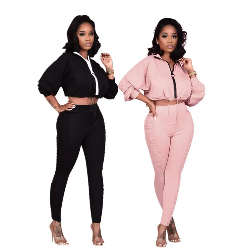 

Wholesale Autumn Winter Solid Color Tracksuit Casual Long Sleeve Pink Black Outfits Slim Fit Women Two Piece Sets, Shown