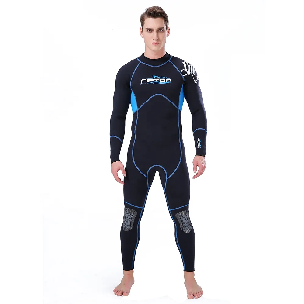 

Mens 3mm Neoprene Full Scuba Diving Suits Surfing Swimming Long Sleeve Keep Warm Back Zip One piece wetsuit, Blue+black