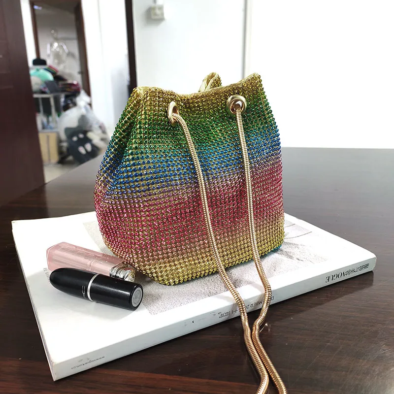 

Wholesale Handbag Rainbow Clutch Evening Bag Luxury Design Women Bags Shiny Crystal Shoulder Bag Female Party Purses